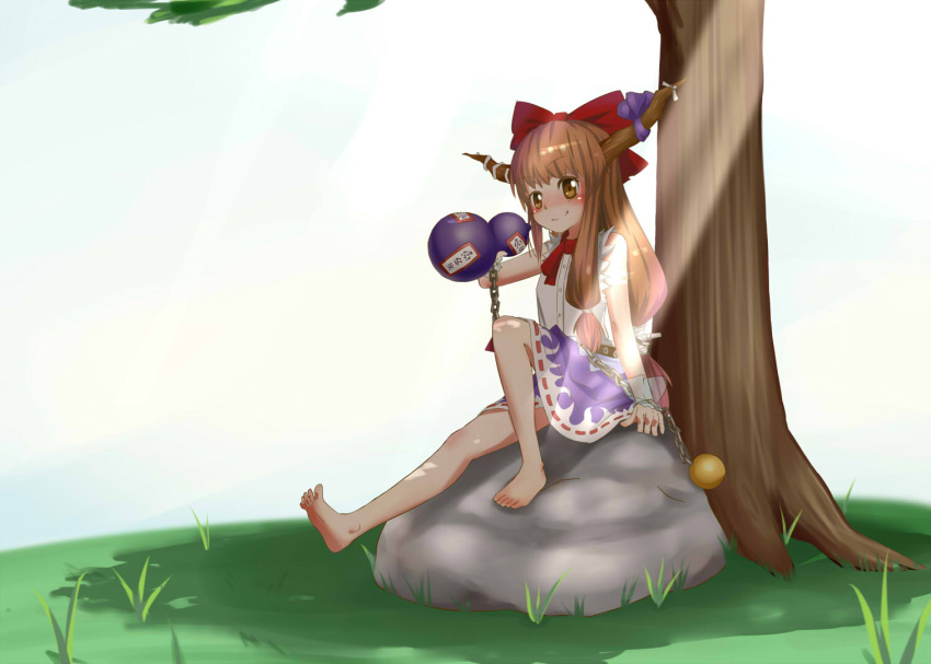1girl, bare_legs, barefoot, blush, bow, chain, cuffs, gourd