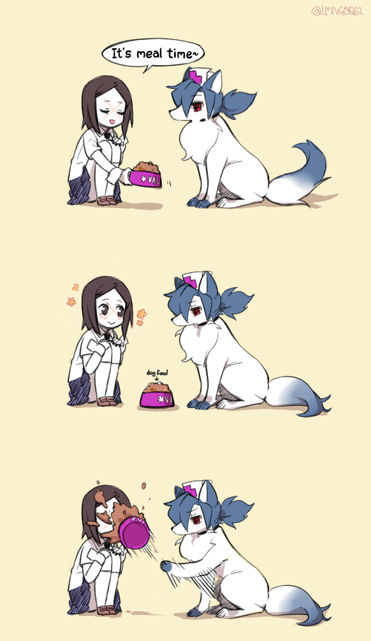 +_+, 1girl, 3koma, animalization, blue_hair, carol_(skullgirls), comic, dog