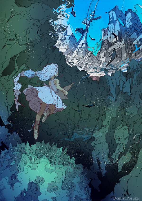 1girl, artist_name, boots, braid, bubble, building, city, demizu_posuka, dress, fish, knee_boots, long_hair, original, power_lines, single_braid, skyscraper, solo, telephone_pole, underwater, underwater_city