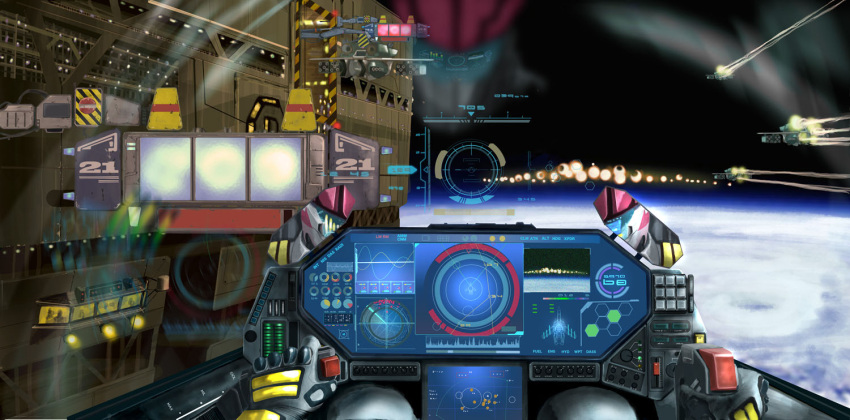 battle, buttons, canopy, choujikuu_yousai_macross, cockpit, condensation_trail, control_stick, earth
