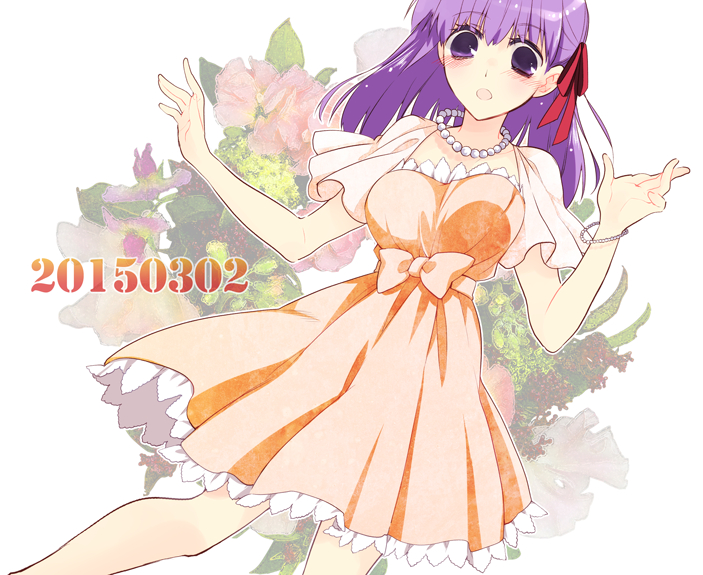 blush, dress, fate/stay_night, red_eyes, sakura_matou, short_hair, smile, violet_hair
