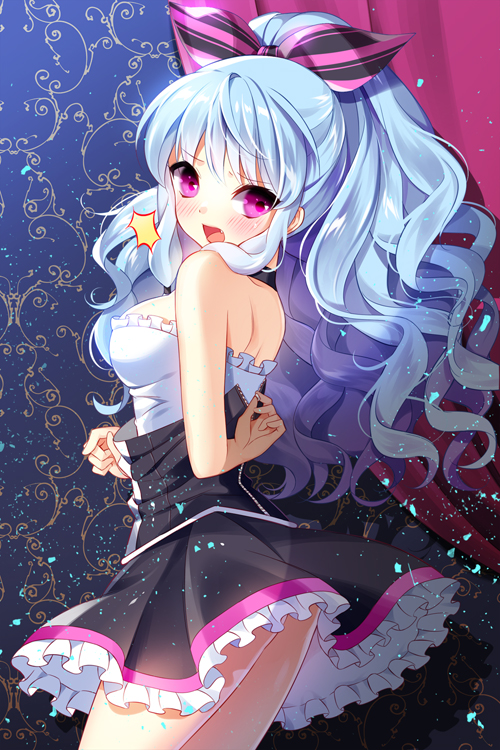 1girl, bare_shoulders, blue_hair, blush, bow, drape, frills, hair_bow