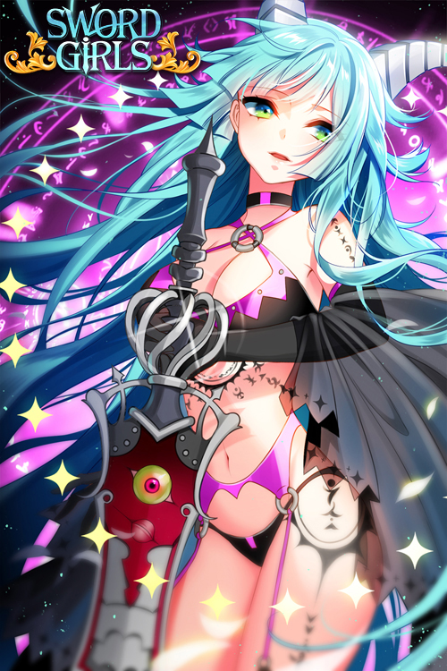 1girl, aqua_eyes, bare_shoulders, black_gloves, breasts, choker, cleavage, copyright_name