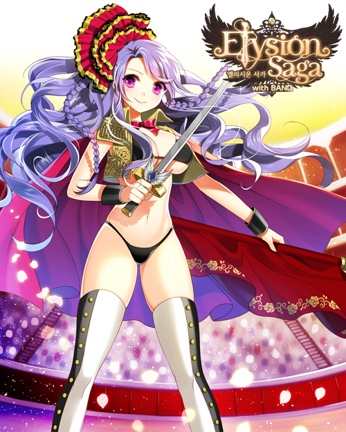 1girl, armor, bikini_armor, bow, braid, breasts, cape, copyright_name, elysion_saga, large_breasts, long_hair, myoya, petals, pink_eyes, smile, sword, thigh-highs, under_boob, weapon