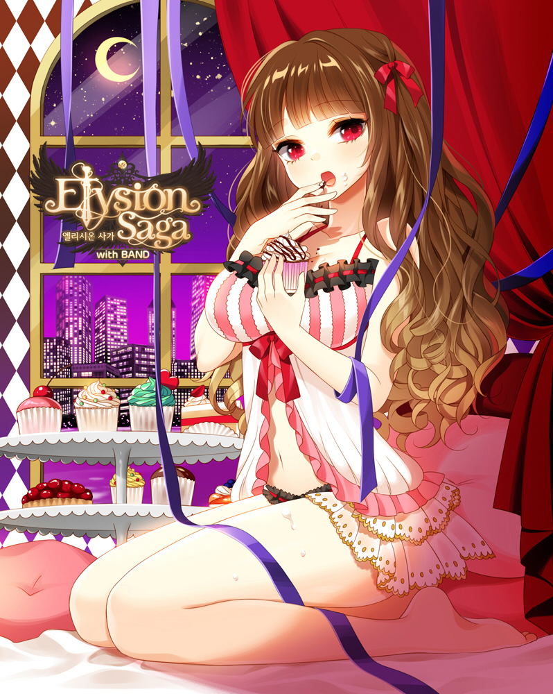 1girl, babydoll, bed, bow, brown_hair, cherry, copyright_name, crescent_moon, cupcake, elysion_saga, food, frills, fruit, long_hair, moon, myoya, panties, pillow, red_eyes, ribbon, seiza, sitting, sky, solo, star_(sky), starry_sky, striped, underwear, wavy_hair, window