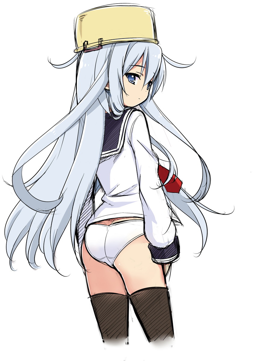 ass, blue_eyes, blue_hair, hibiki_(kantai_collection), highres, kantai_collection, long_hair, looking_back, no_pants, panties, plover, pot, pot_on_head, school_uniform, serafuku, standing, thigh-highs, underwear