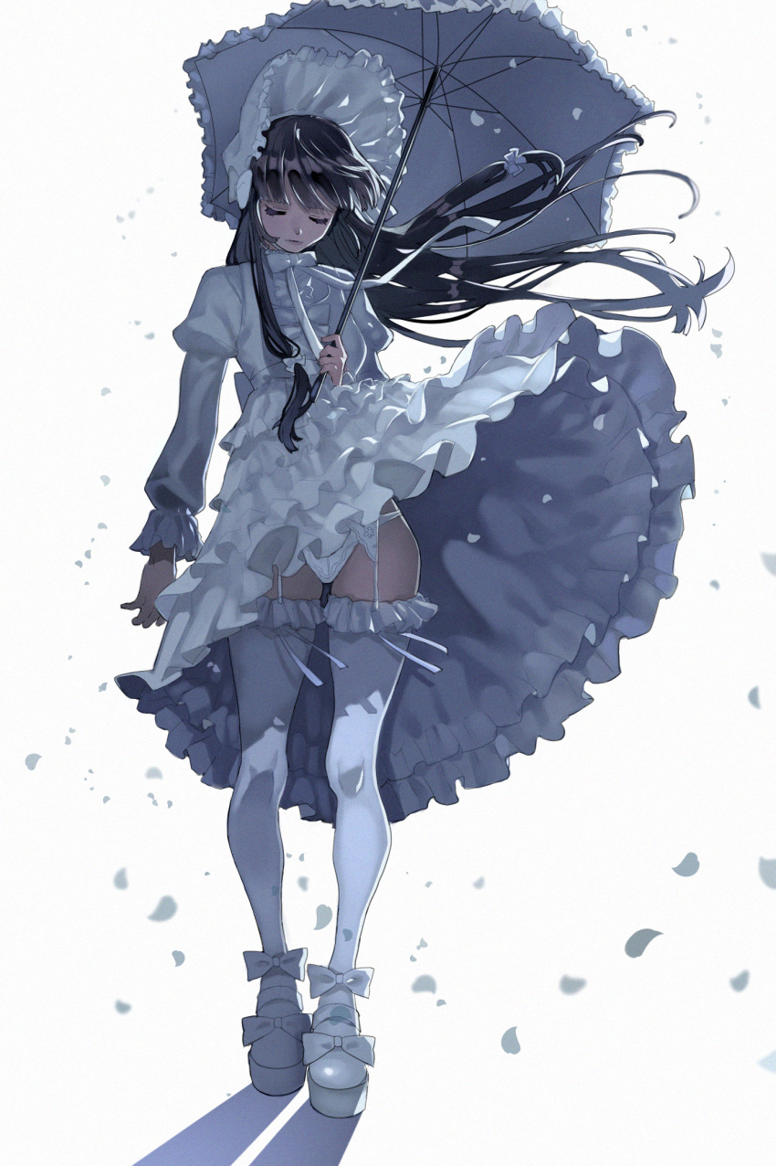 1girl, aruterra, black_hair, bonnet, closed_eyes, dress, dress_lift, frills