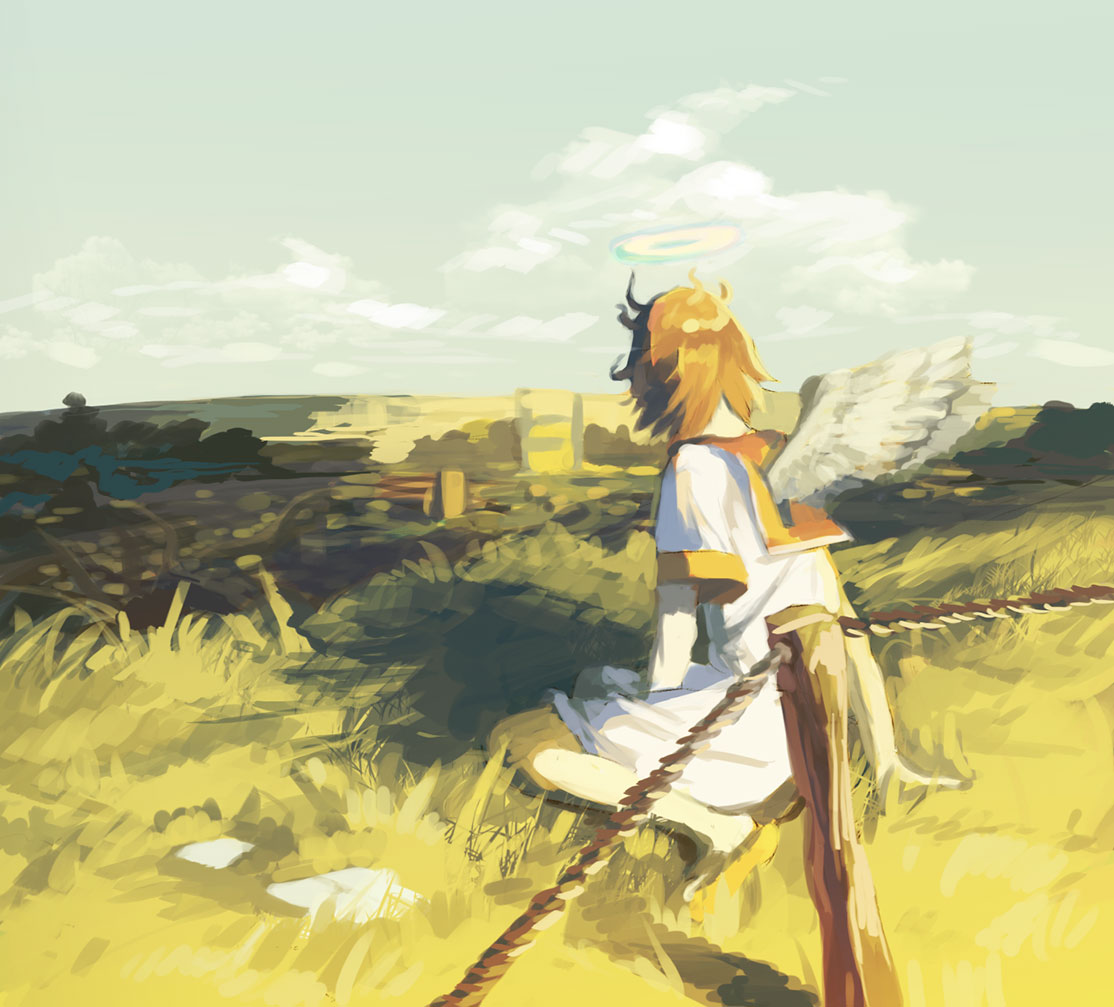 1girl, angel_wings, brown_hair, clouds, dress, fence, haibane_renmei, halo