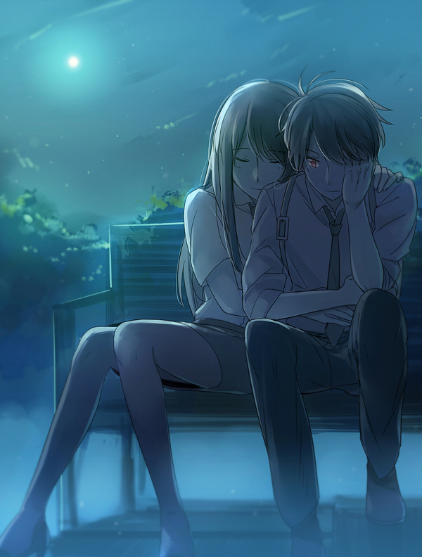 1boy, 1girl, aki_(neyuki41028), aldnoah.zero, black_hair, brother_and_sister, brown_eyes, brown_hair, holster, hug, kaizuka_inaho, kaizuka_yuki, long_hair, necktie, park_bench, short_hair, siblings, skirt, smile