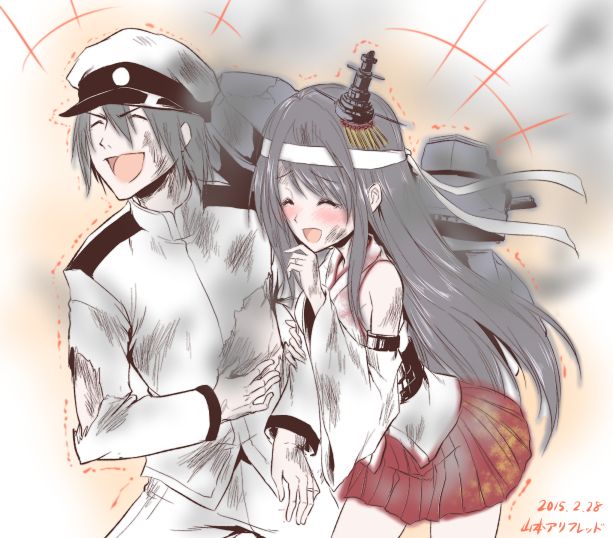 1boy, 1girl, admiral_(kantai_collection), blush, closed_eyes, detached_sleeves, dougi, fusou_(kantai_collection)