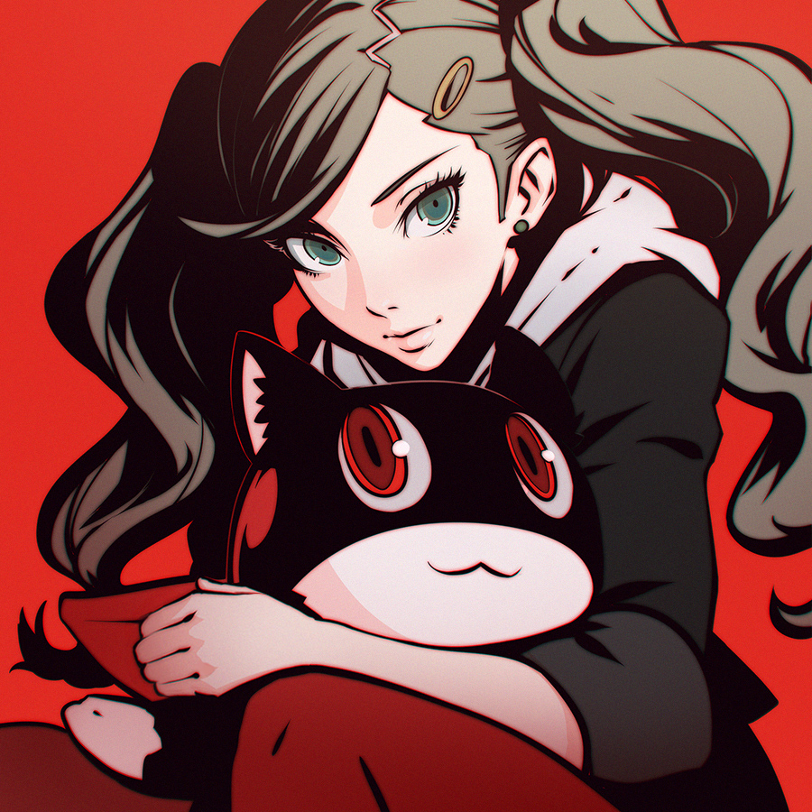 2girls, :3, brown_hair, cat, earrings, hair_ornament, ilya_kuvshinov, jewelry, long_hair, looking_at_viewer, morgana_(persona_5), multiple_girls, pantyhose, persona, persona_5, red_background, red_eyes, red_legwear, revision, simple_background, takamaki_ann, takamaki_anzu, twintails