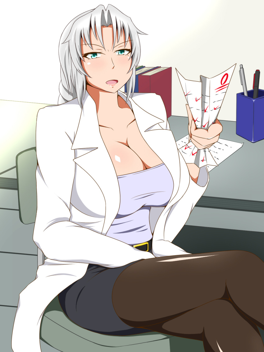 1girl, alternate_costume, belt, book, breasts, chair, cleavage, collarbone