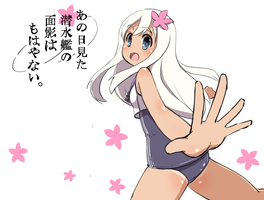 1girl, bare_shoulders, blue_eyes, blush, crop_top, double_vertical_stripe, flower, hair_flower