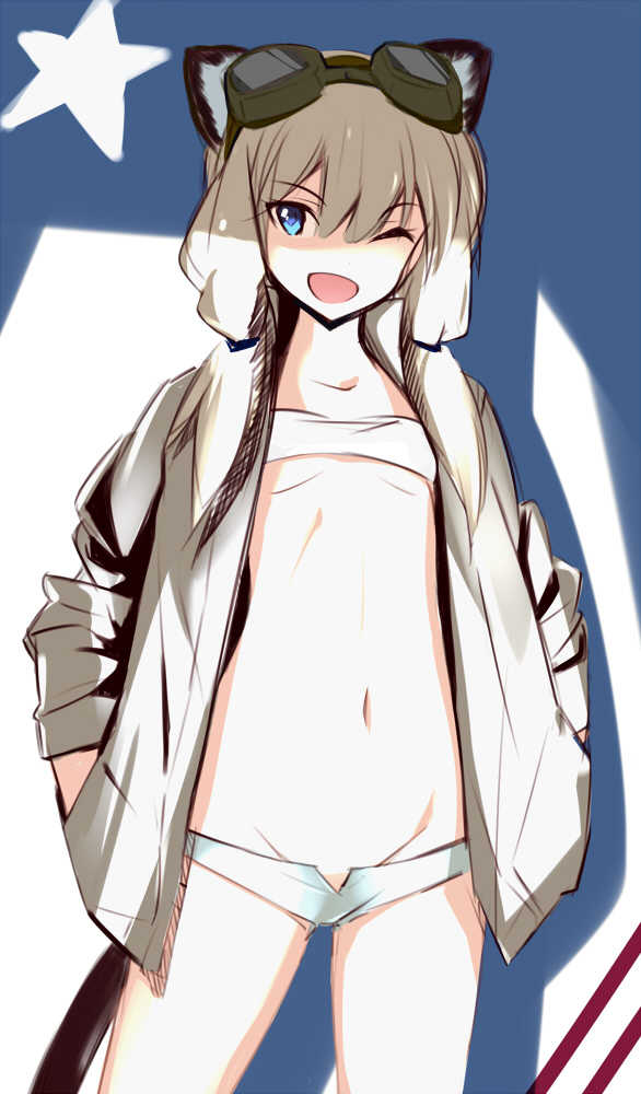1girl, animal_ears, blonde_hair, blue_eyes, carla_j_luksic, cat_ears, cat_tail, goggles
