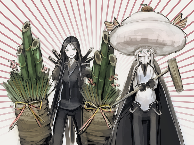 2girls, alternate_headwear, bamboo, black_hair, blue_eyes, cape, grin, jun'you_(kantai_collection)