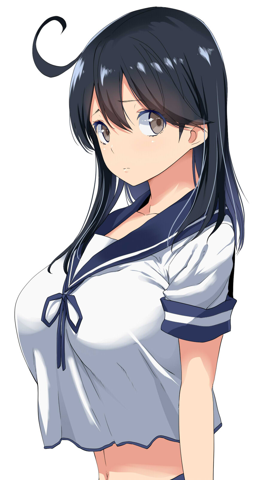 1girl, ahoge, black_hair, breasts, brown_eyes, crop_top, highres, huge_breasts