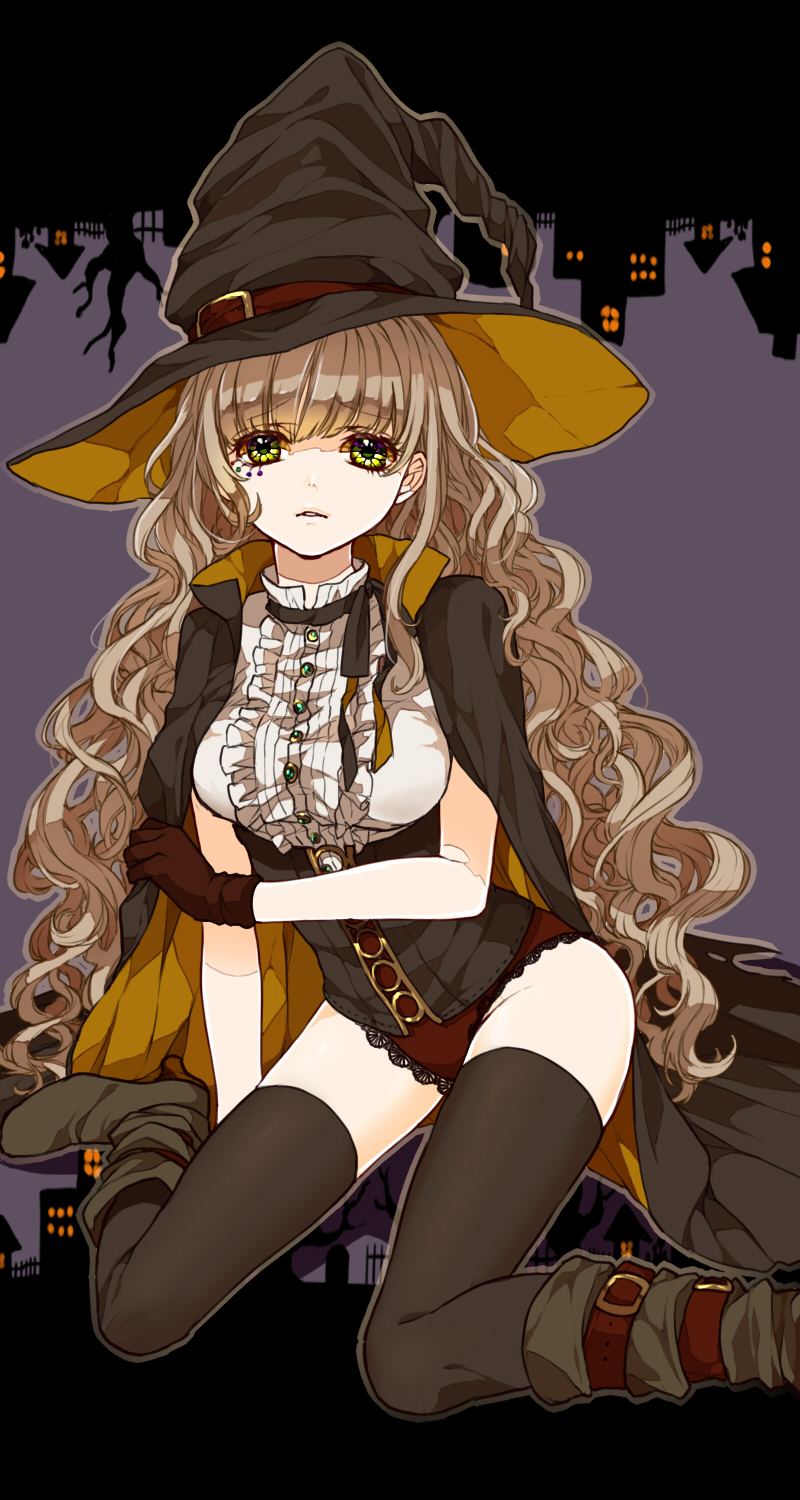 1girl, bangs, black_legwear, boots, buckle, cape, curly_hair, frills, gloves, halloween, hat, highres, kneeling, light_brown_hair, long_hair, massuru, original, ribbon, solo, thigh-highs, very_long_hair, witch, witch_hat, yellow_eyes