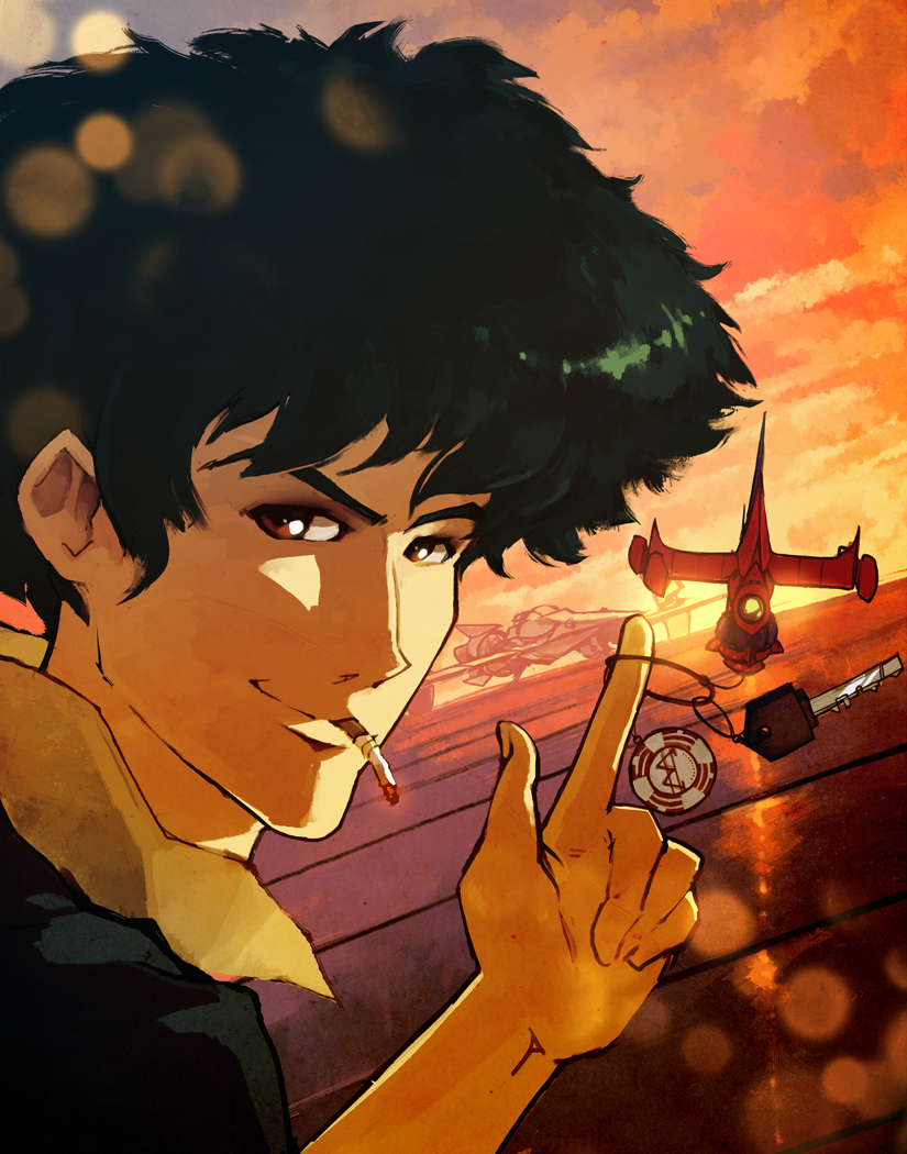 1boy, afro, black_hair, brown_eyes, cigarette, cowboy_bebop, dutch_angle, key, lens_flare, rtil, short_hair, smoking, solo, space_craft, spike_spiegel, starfighter, sunset, swordfish_ii