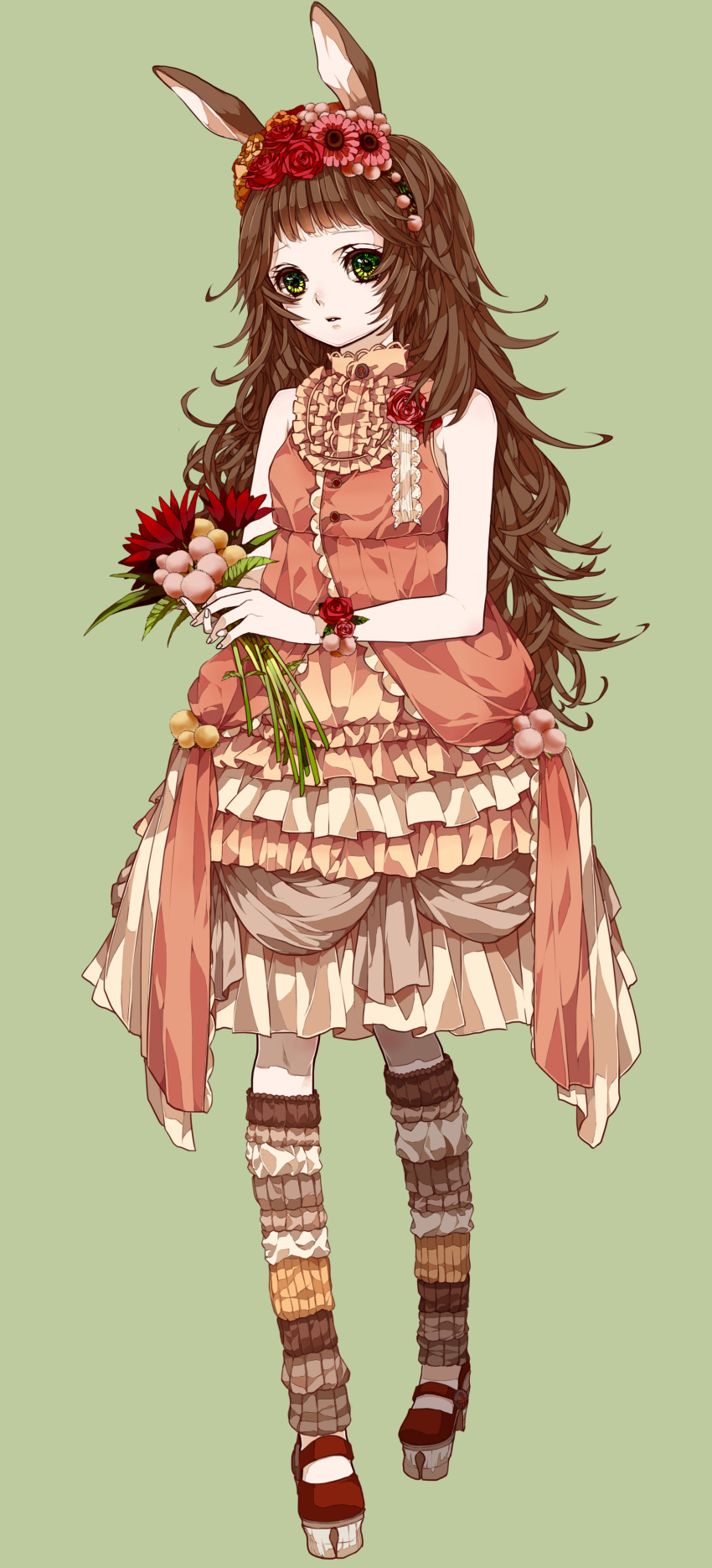 1girl, absurdres, animal_ears, bangs, blunt_bangs, brown_hair, dress, flower