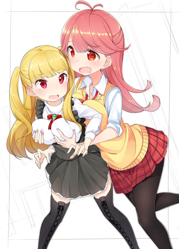 2girls, ahoge, antenna_hair, bangs, black_legwear, blonde_hair, blunt_bangs, blush