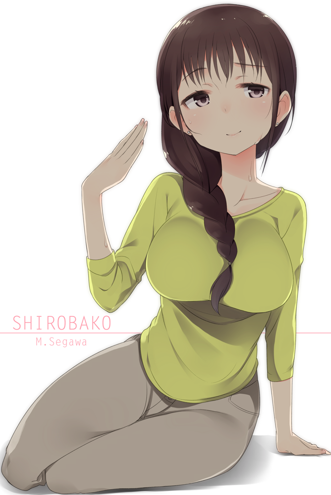 1girl, arm_support, blush, braid, breasts, brown_eyes, brown_hair, earrings