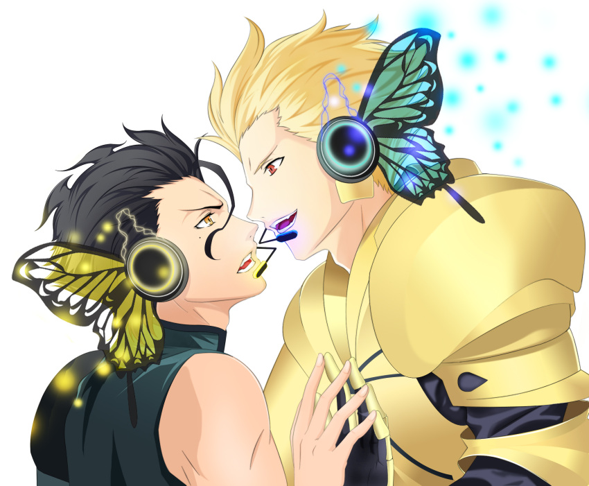 2boys, ahoge, black_hair, blonde_hair, butterfly_wings, fate/zero, fate_(series), gilgamesh, headphones, highres, katze_(776642), lancer_(fate/zero), magnet_(vocaloid), mole, mole_under_eye, multiple_boys, parody, red_eyes, short_hair, wings, yaoi, yellow_eyes