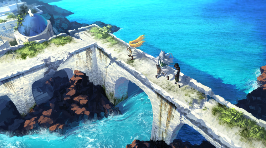 1girl, 2boys, animal_ears, black_hair, blonde_hair, bridge, building, cross