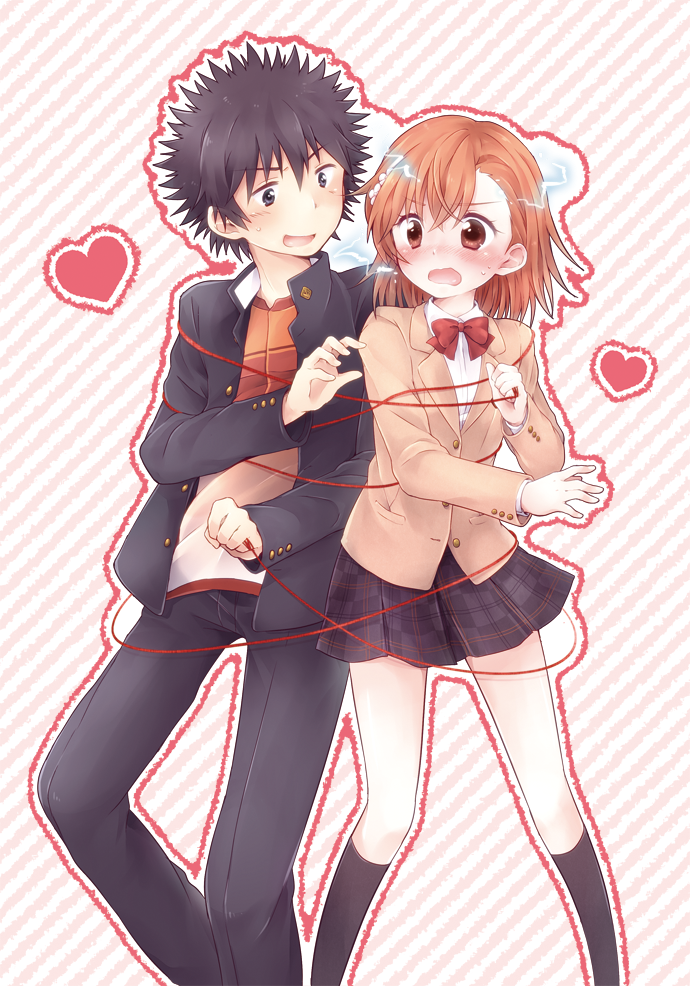 1boy, 1girl, black_hair, blush, brown_eyes, brown_hair, electricity, gekota