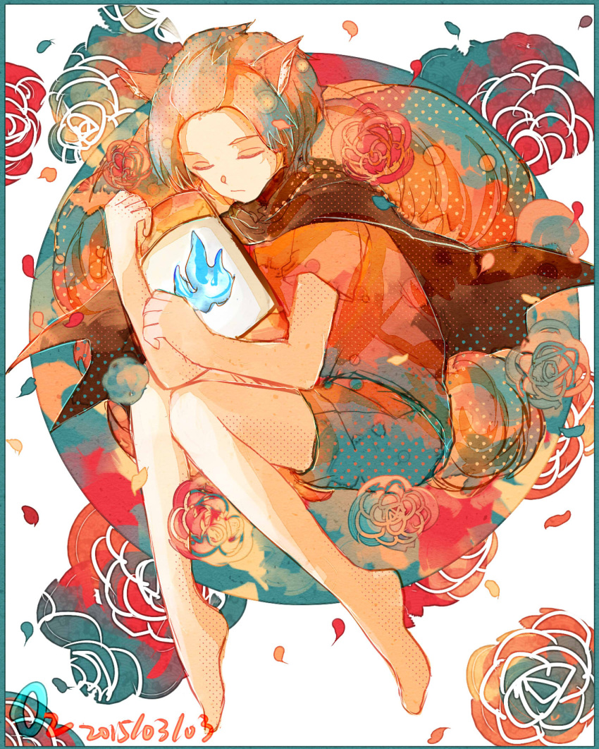 1boy, alba_(senyuu), animal_ears, blue_fire, cape, closed_eyes, container, dated, fire, flower, highres, holding, oxide2_(o2), petals, rose, sen'yuu., short_sleeves, shorts, signature, solo