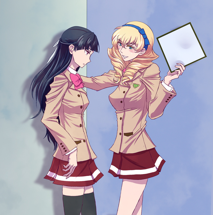 black_hair, blonde_hair, blue_eyes, blush, kakumeiki_valvrave, ninomiya_takahi, rukino_saki, tagme