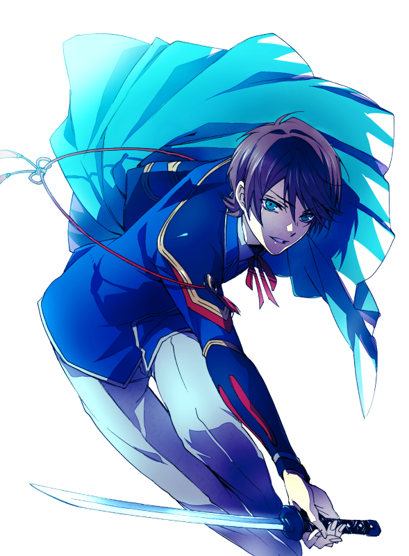 1boy, backlighting, black_hair, blue_eyes, horikawa_kunihiro, katana, muku_(pixiv3207772), solo