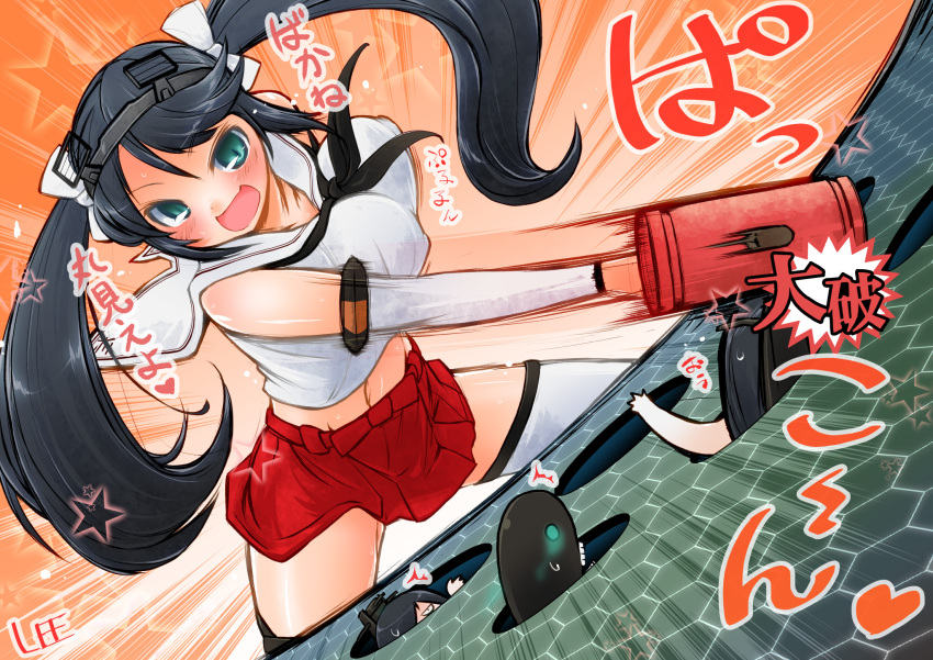 3girls, aqua_eyes, black_hair, blush, bouncing_breasts, breasts, highres, i-class_destroyer