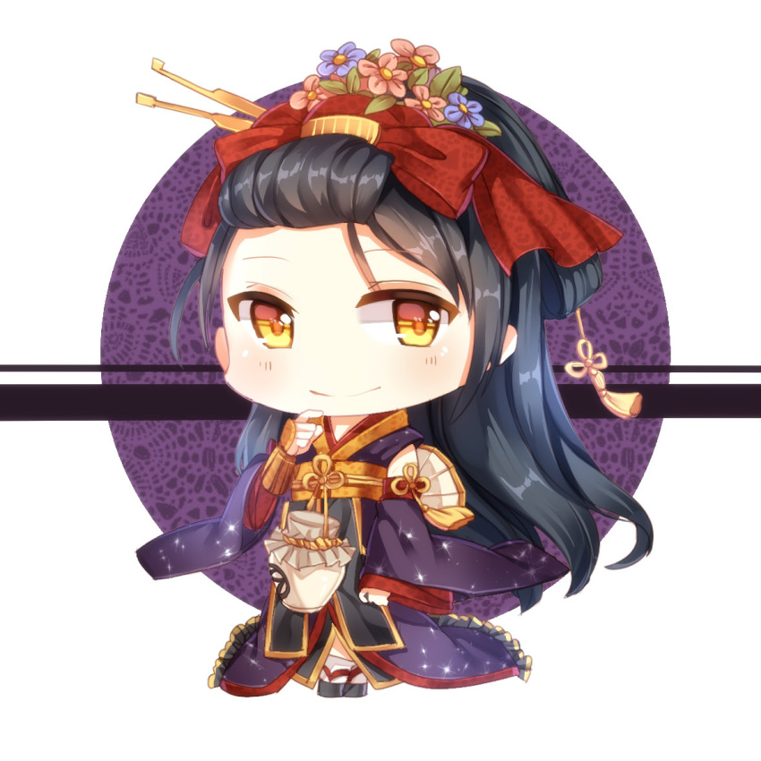 1boy, black_hair, chibi, detached_sleeves, flower, full_body, japanese_clothes, jirou_tachi