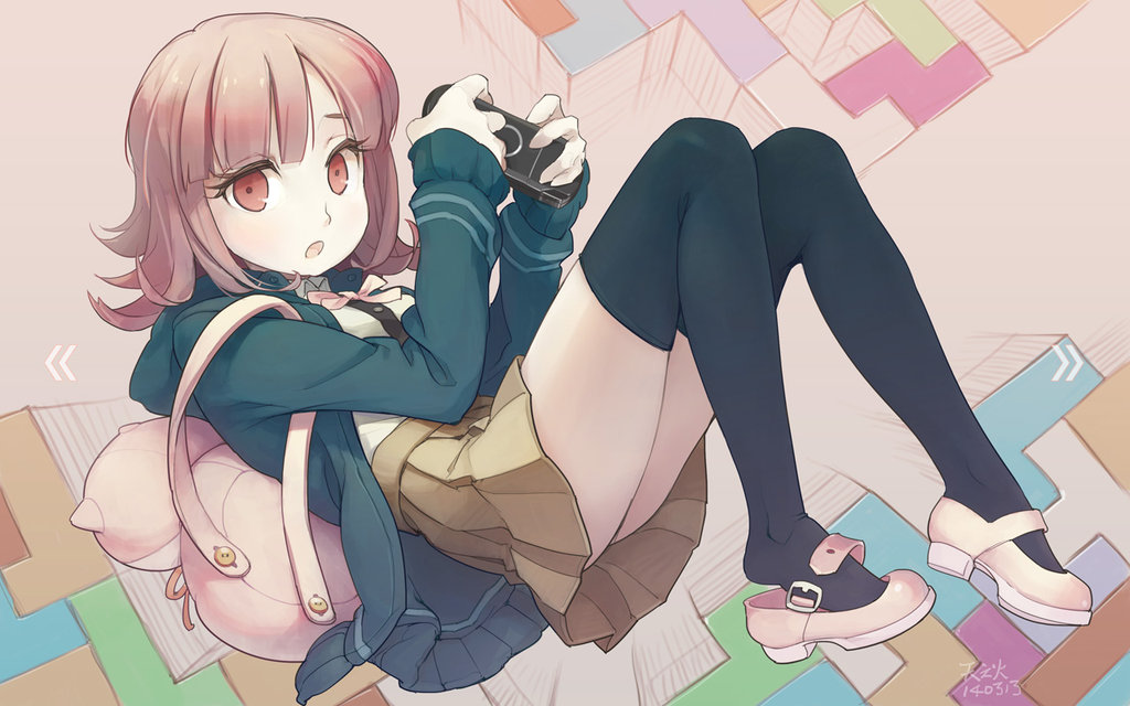 1girl, :o, backpack, bag, dangan_ronpa, flipped_hair, looking_at_viewer, nanami_chiaki