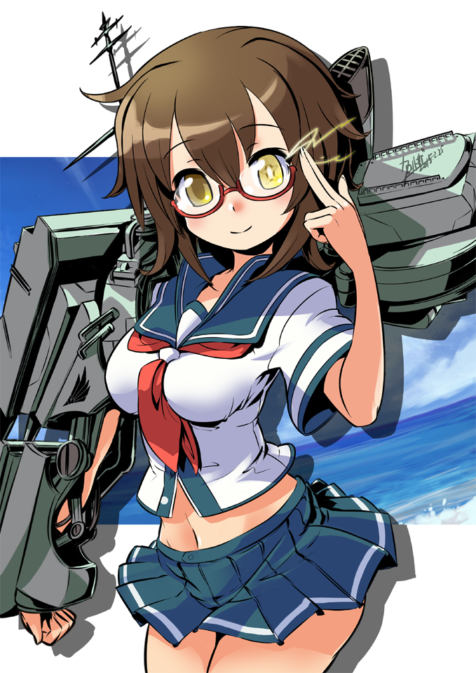 1girl, bespectacled, brown_hair, furutaka_(kantai_collection), glasses, glowing, glowing_eyes, heterochromia, kantai_collection, kurono_tokage, machinery, navel, neckerchief, red-framed_glasses, school_uniform, serafuku, short_hair, skirt, smile, solo, water, yellow_eyes
