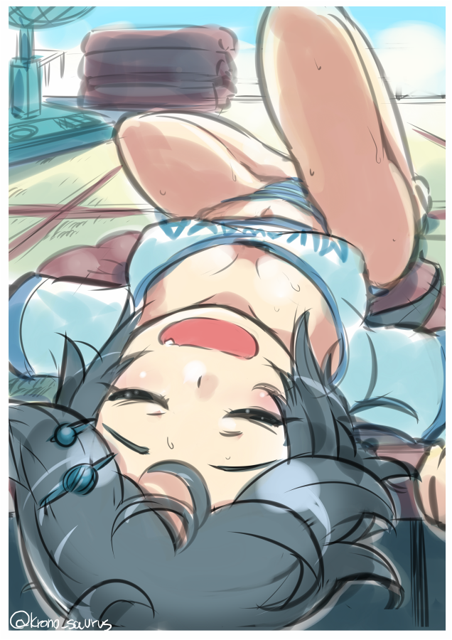 1girl, blue_panties, breasts, closed_eyes, downblouse, electric_fan, fang, hair_ornament, hairclip, kako_(kantai_collection), kantai_collection, kurono_tokage, lying, on_back, open_mouth, panties, pillow, sleeping, smile, solo, tatami, underwear