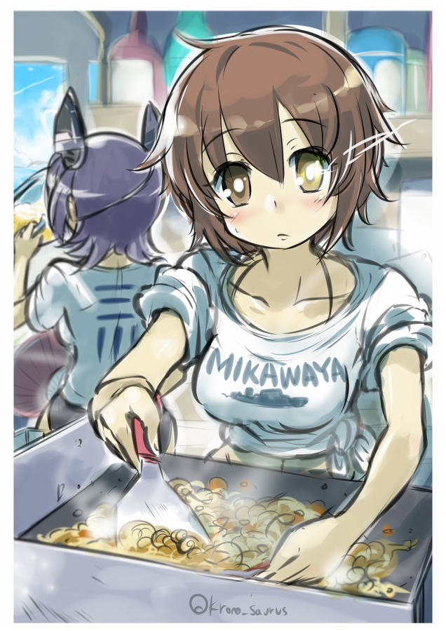 2girls, alcohol, beer, brown_eyes, brown_hair, cup, furutaka_(kantai_collection), glowing
