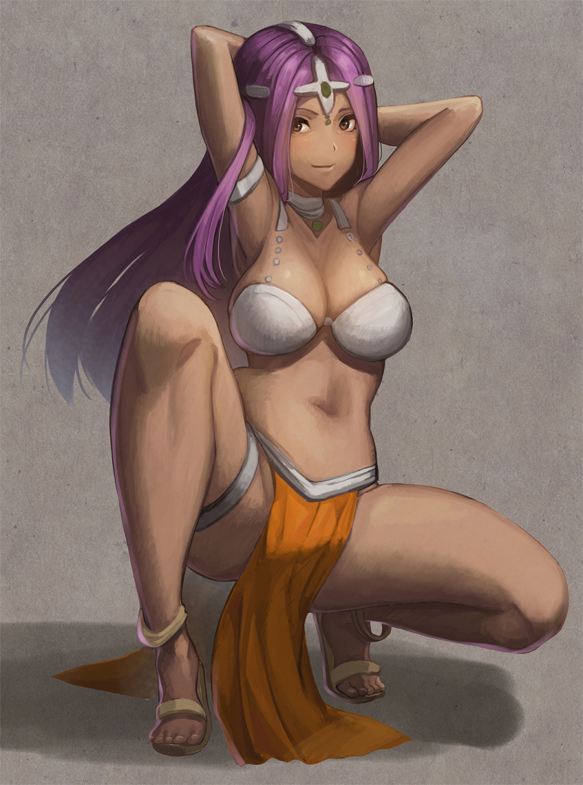 1girl, anklet, armpits, arms_behind_head, bracelet, breasts, choker, circlet
