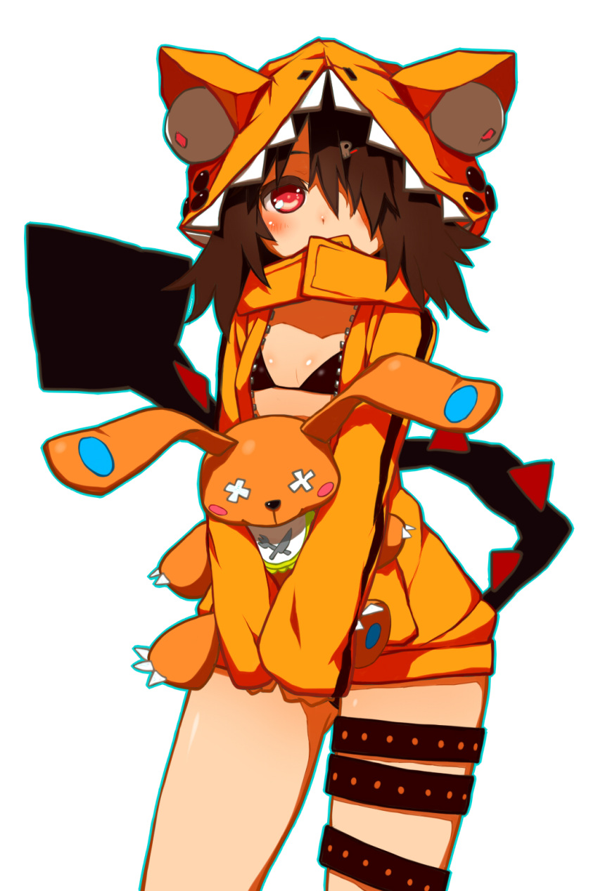 1girl, animal_hood, black_hair, brown_hair, flat_chest, hair_ornament, hair_over_one_eye, hairclip
