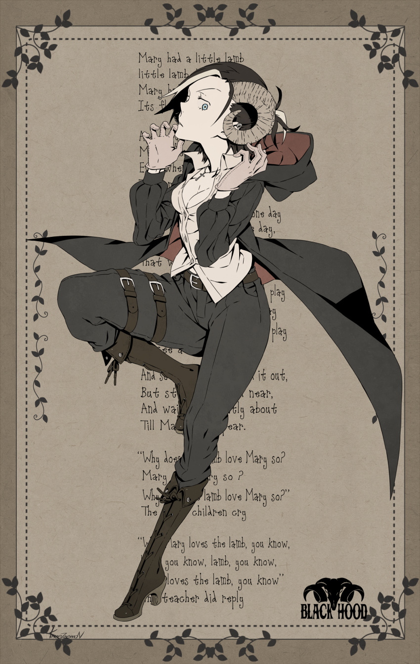 absurdres, black_hair, black_hood, blue_eyes, boots, breasts, cleavage, cross