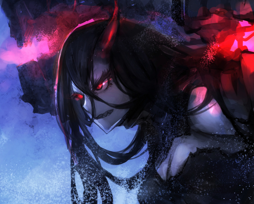 1girl, bare_shoulders, battleship_water_oni, black_dress, black_hair, dress, glowing, glowing_eyes, gomasionori, hair_between_eyes, horn, kantai_collection, long_hair, monster, pale_skin, red_eyes, sharp_teeth, shinkaisei-kan, solo
