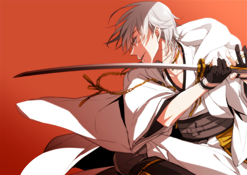 1boy, akixx, gloves, japanese_clothes, silver_hair, smile, solo, sword