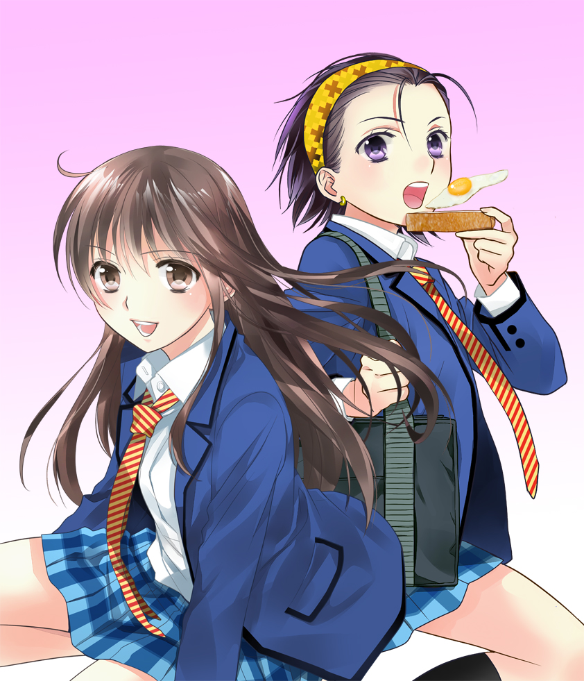 2girls, bag, blazer, blue_eyes, brown_hair, egg, food, joshi_kousei
