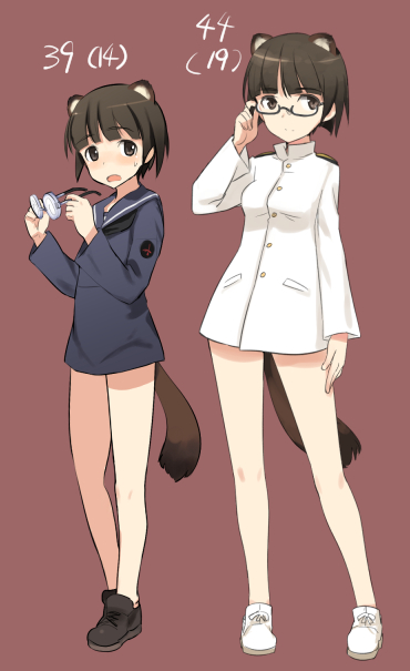 1girl, age_progression, animal_ears, brown_eyes, brown_hair, glasses, military, military_uniform