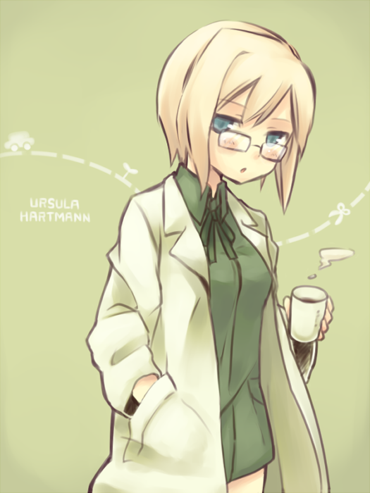 1girl, blonde_hair, blue_eyes, blush, bob_cut, character_name, cup, glasses
