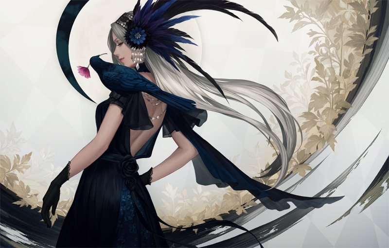 1girl, back, bird, feathers, flower, gloves, hair_feathers, hair_ornament