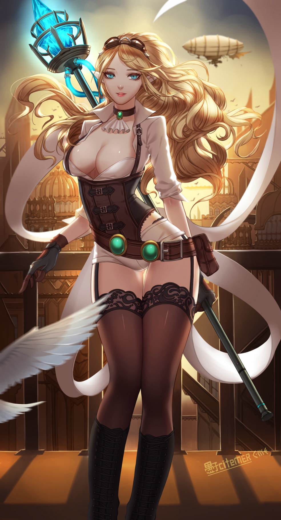 1girl, artist_name, bird, blonde_hair, breasts, city, cleavage, gloves, highres, janna_windforce, league_of_legends, liuruoyu8888, long_hair, looking_at_viewer, open_clothes, open_shirt, parted_lips, railing, sky, solo, staff, thigh-highs, zettai_ryouiki