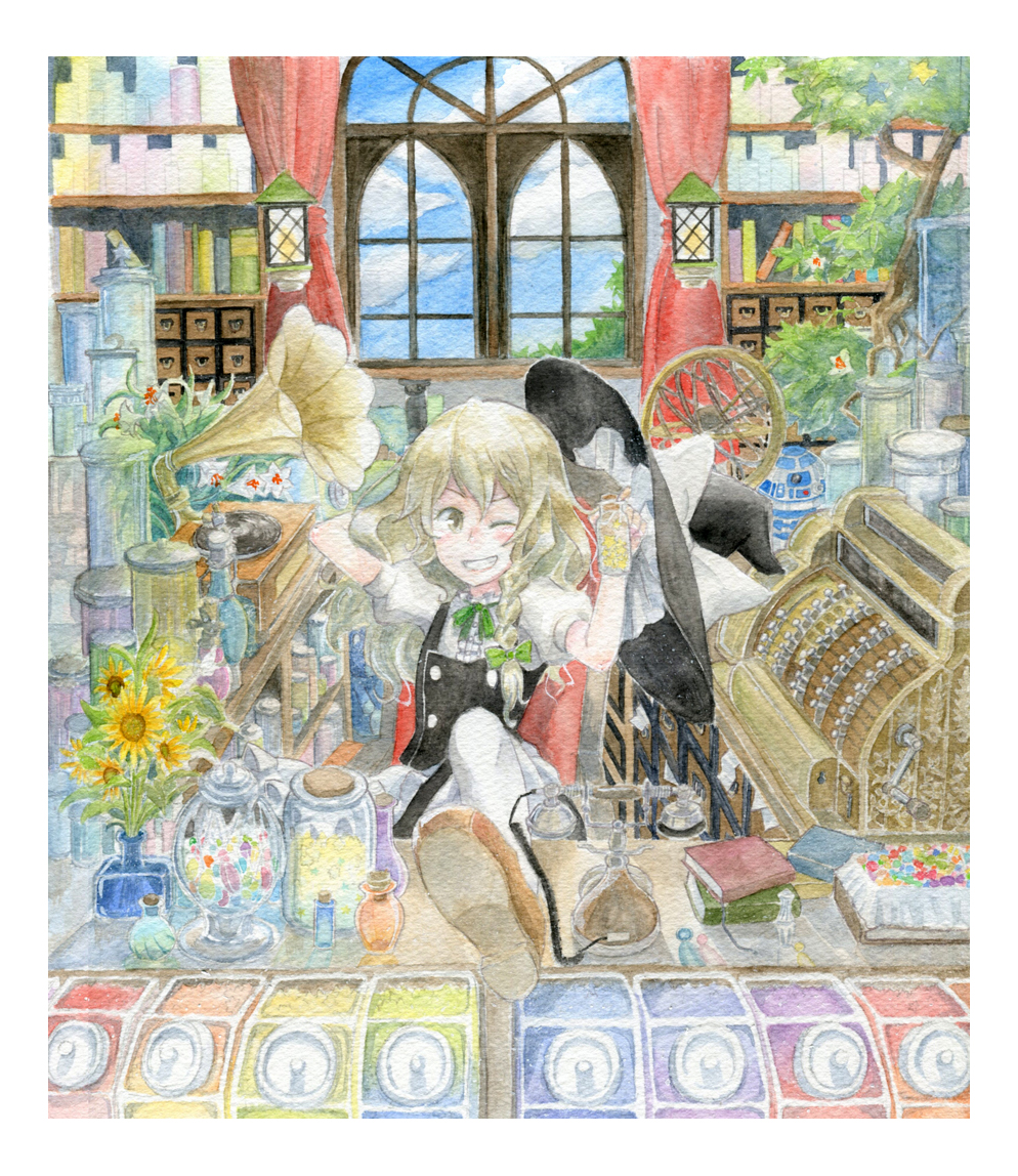 1girl, apron, blonde_hair, bottle, bow, braid, flower, graphite_(medium)