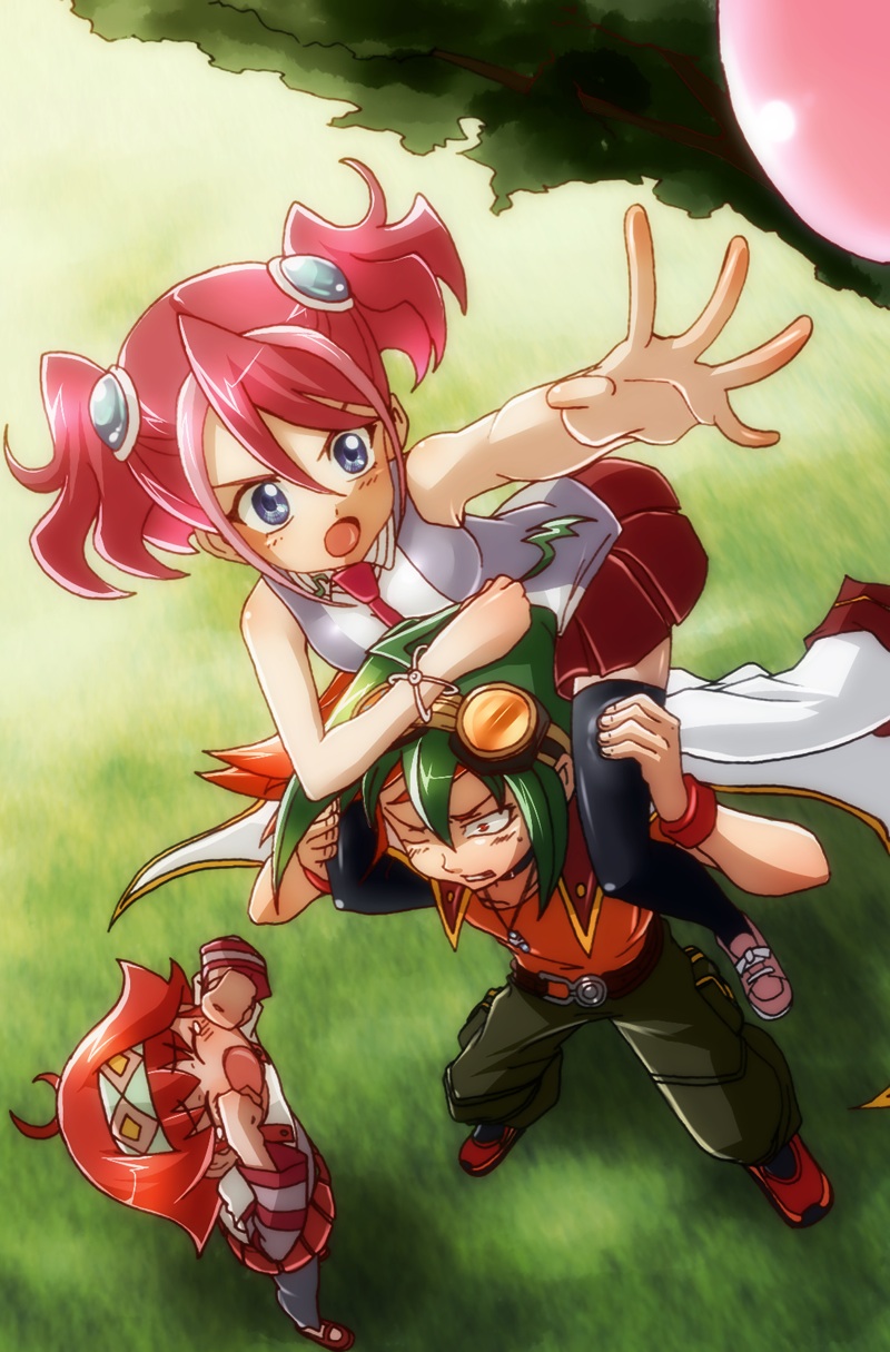 1boy, ahoge, ayukawa_ayu, belt, carrying, choker, goggles, goggles_on_head