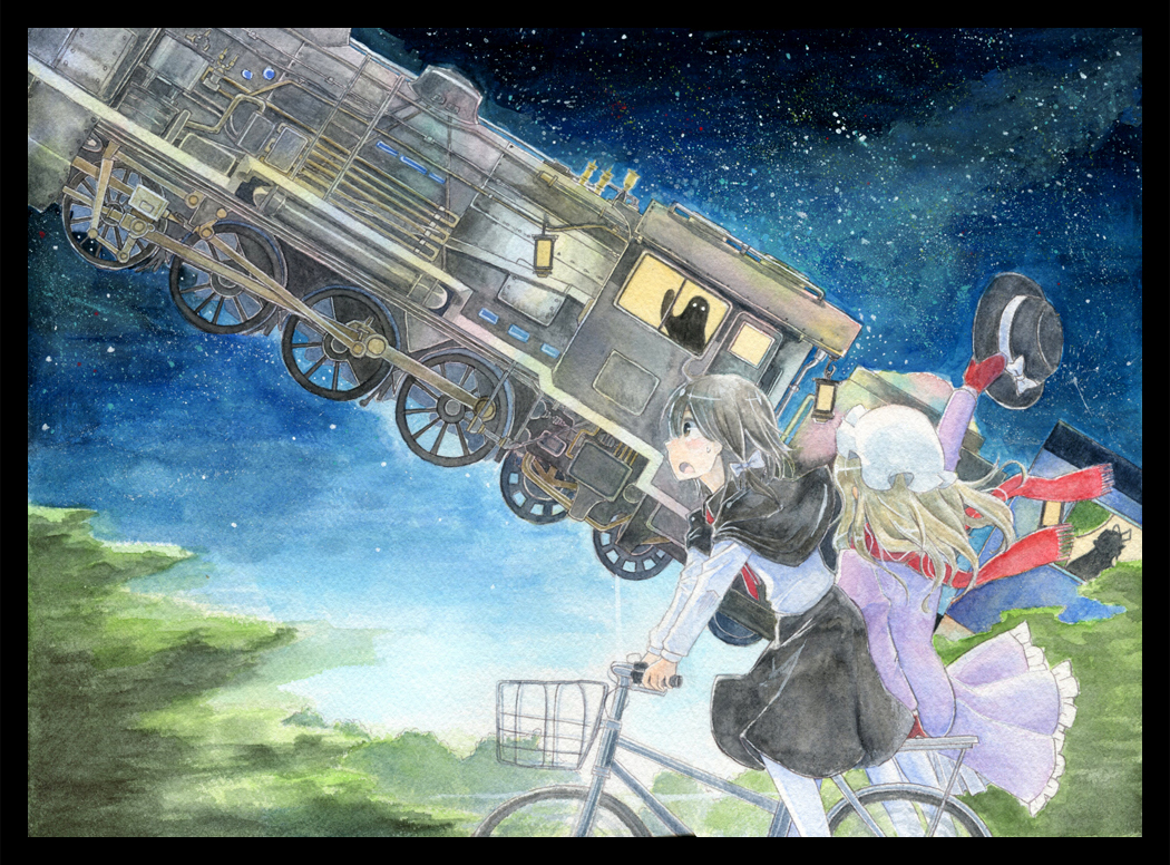 2girls, arm_up, back, bicycle, blonde_hair, brown_eyes, brown_hair, capelet